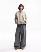 ZHABUXIAO Striped Linen Breathable Drawstring Zipper Jacket Apricot