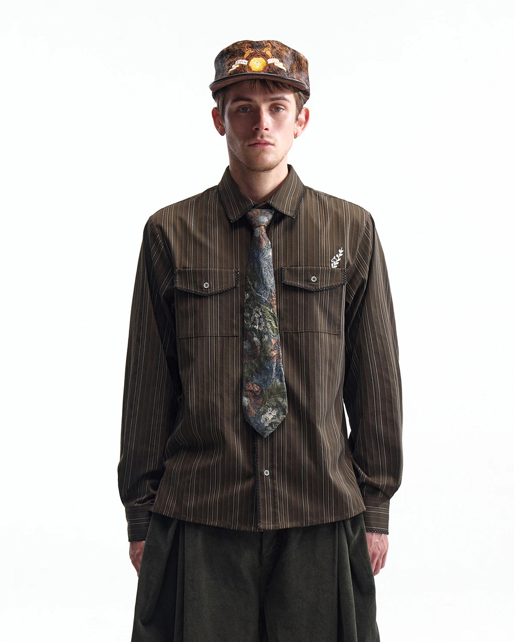 ZHABUXIAO Houndstooth Striped Metal Button Long Sleeve Shirt Green