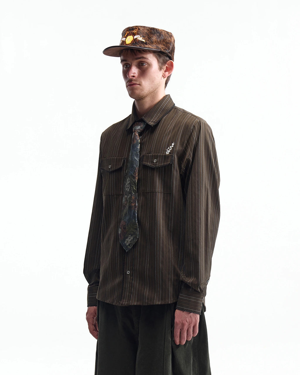 ZHABUXIAO Houndstooth Striped Metal Button Long Sleeve Shirt Green