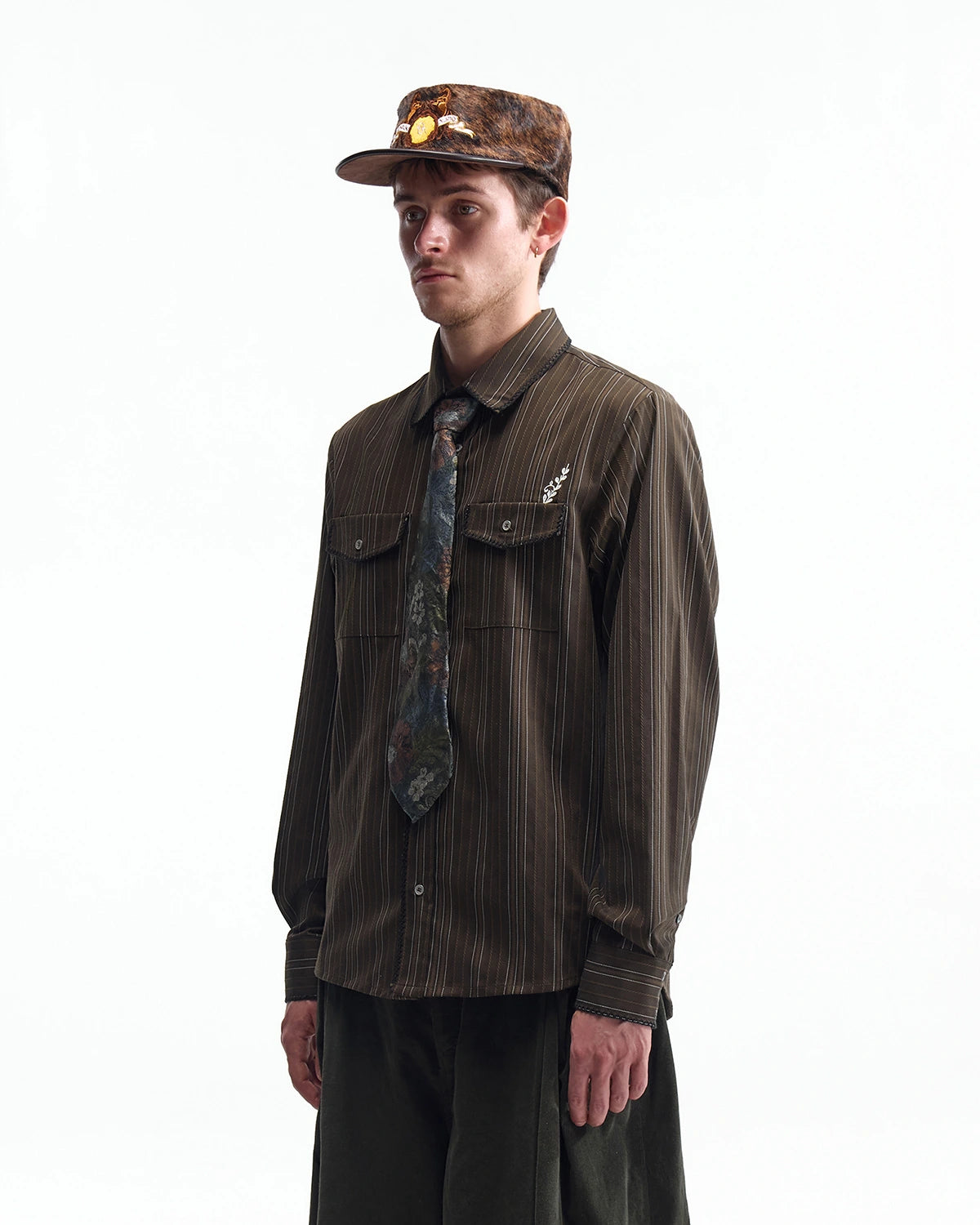 ZHABUXIAO Houndstooth Striped Metal Button Long Sleeve Shirt Green