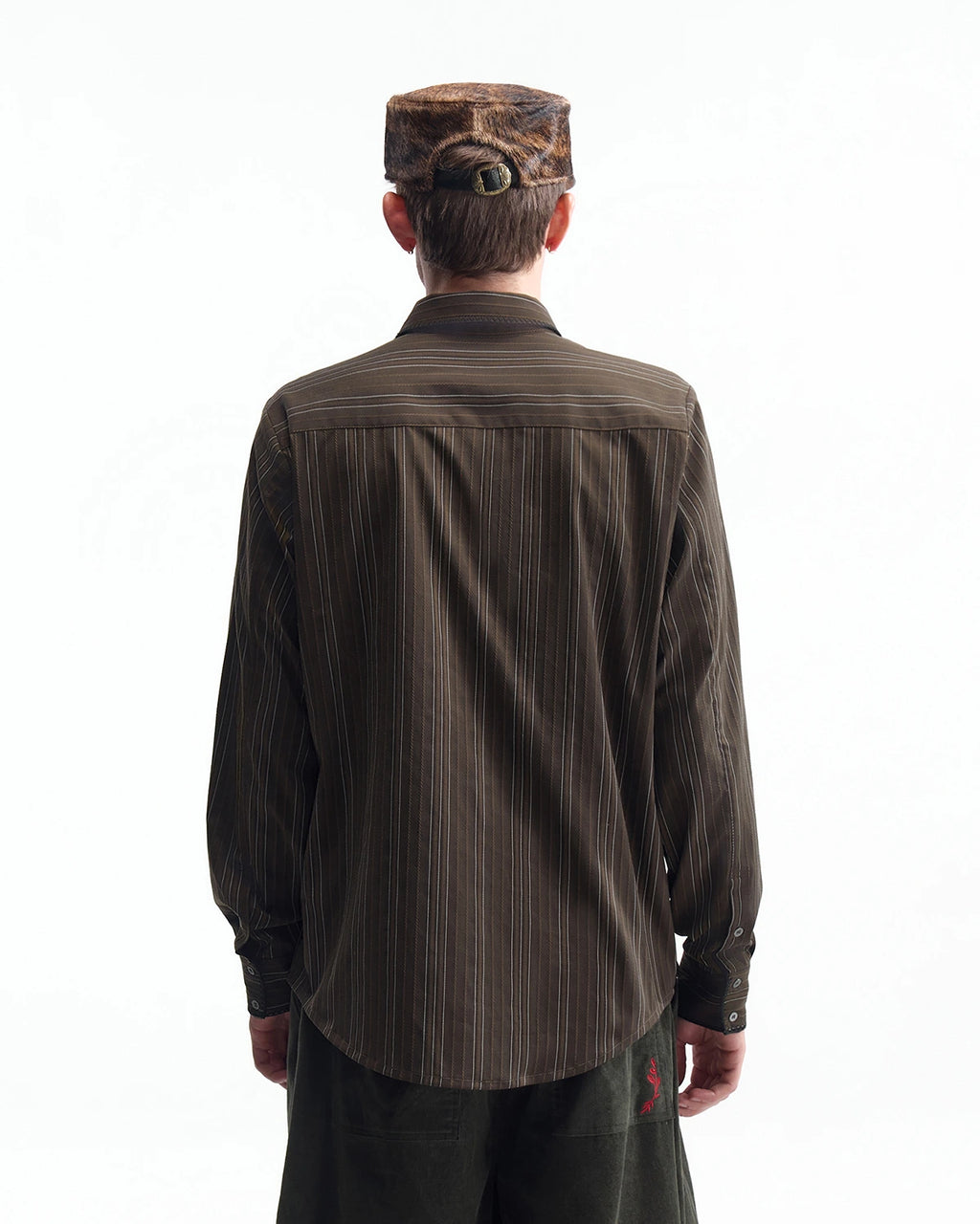 ZHABUXIAO Houndstooth Striped Metal Button Long Sleeve Shirt Green