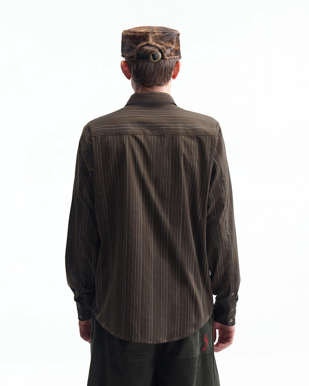 ZHABUXIAO Houndstooth Striped Metal Button Long Sleeve Shirt Green