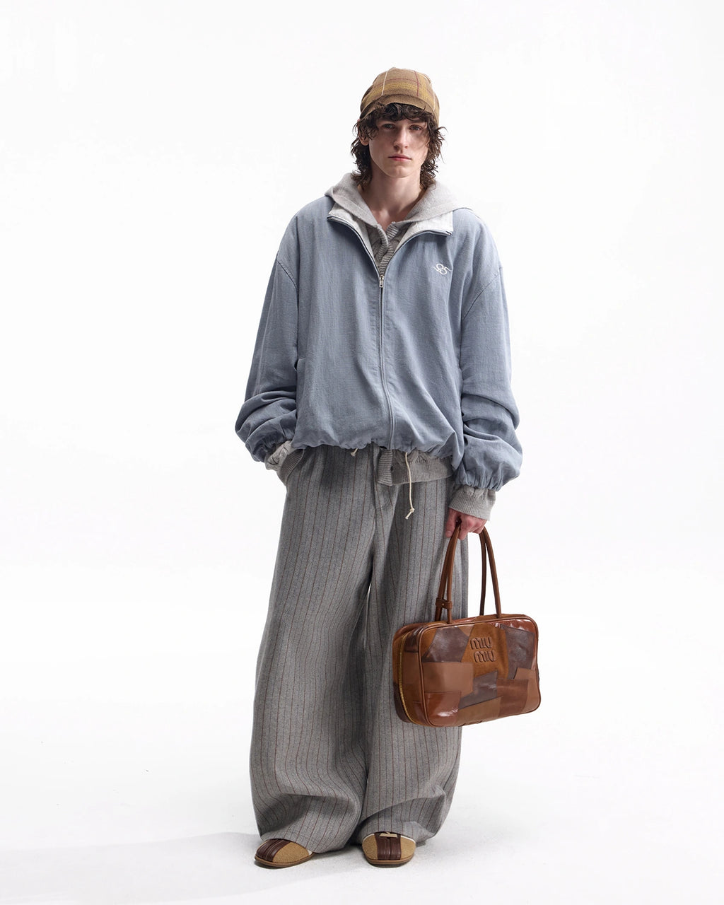 ZHABUXIAO Striped Woolen Satin Lined Curved Wide Trousers Gray