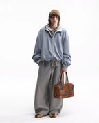ZHABUXIAO Striped Woolen Satin Lined Curved Wide Trousers Gray
