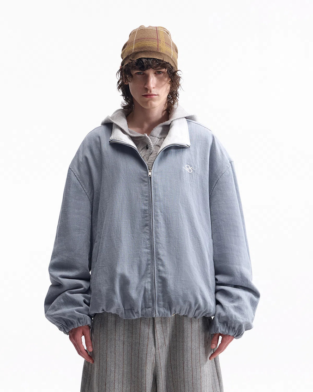 ZHABUXIAO Ramie Tencel Drawstring Adjust Casual Jacket Light Blue