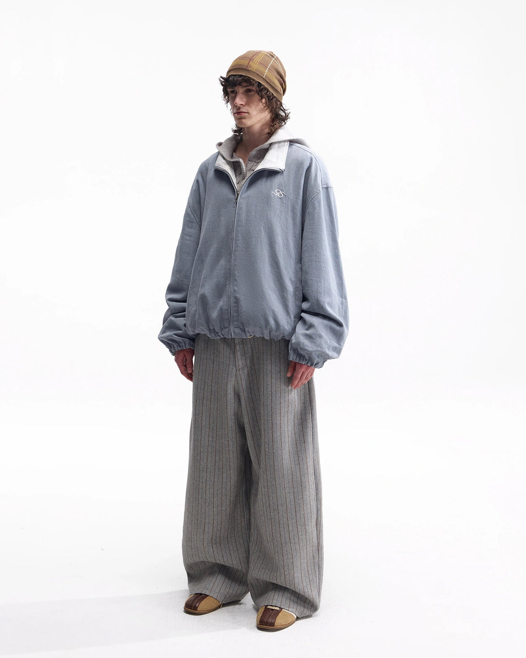 ZHABUXIAO Striped Woolen Satin Lined Curved Wide Trousers Gray