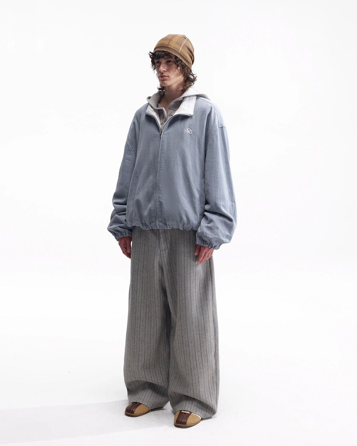 ZHABUXIAO Striped Woolen Satin Lined Curved Wide Trousers Gray