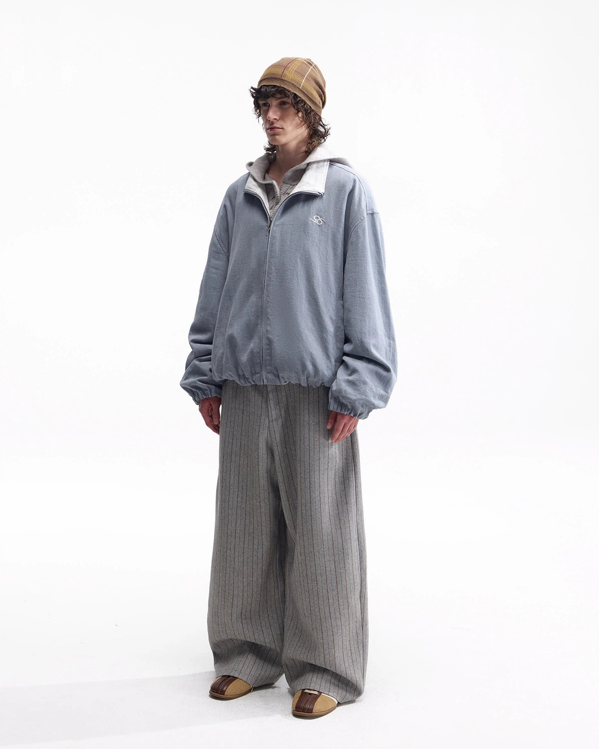 ZHABUXIAO Ramie Tencel Drawstring Adjust Casual Jacket Light Blue