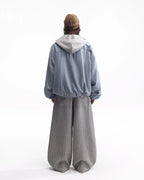 ZHABUXIAO Striped Woolen Satin Lined Curved Wide Trousers Gray