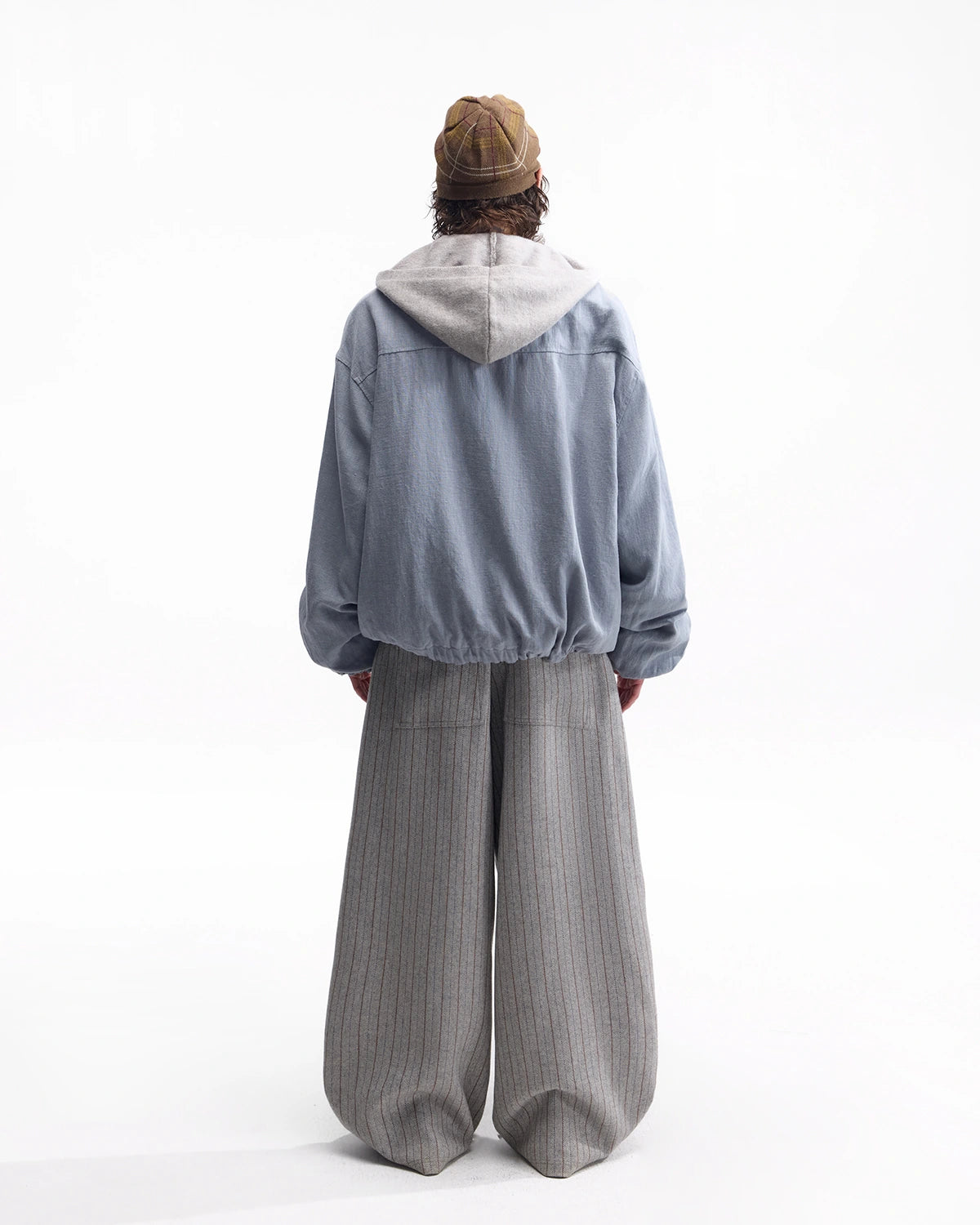 ZHABUXIAO Striped Woolen Satin Lined Curved Wide Trousers Gray