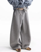 ZHABUXIAO Striped Woolen Satin Lined Curved Wide Trousers Gray