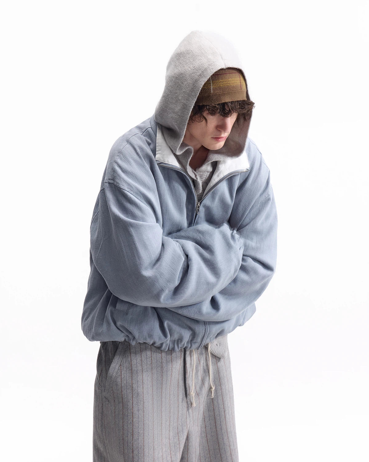 ZHABUXIAO Ramie Tencel Drawstring Adjust Casual Jacket Light Blue