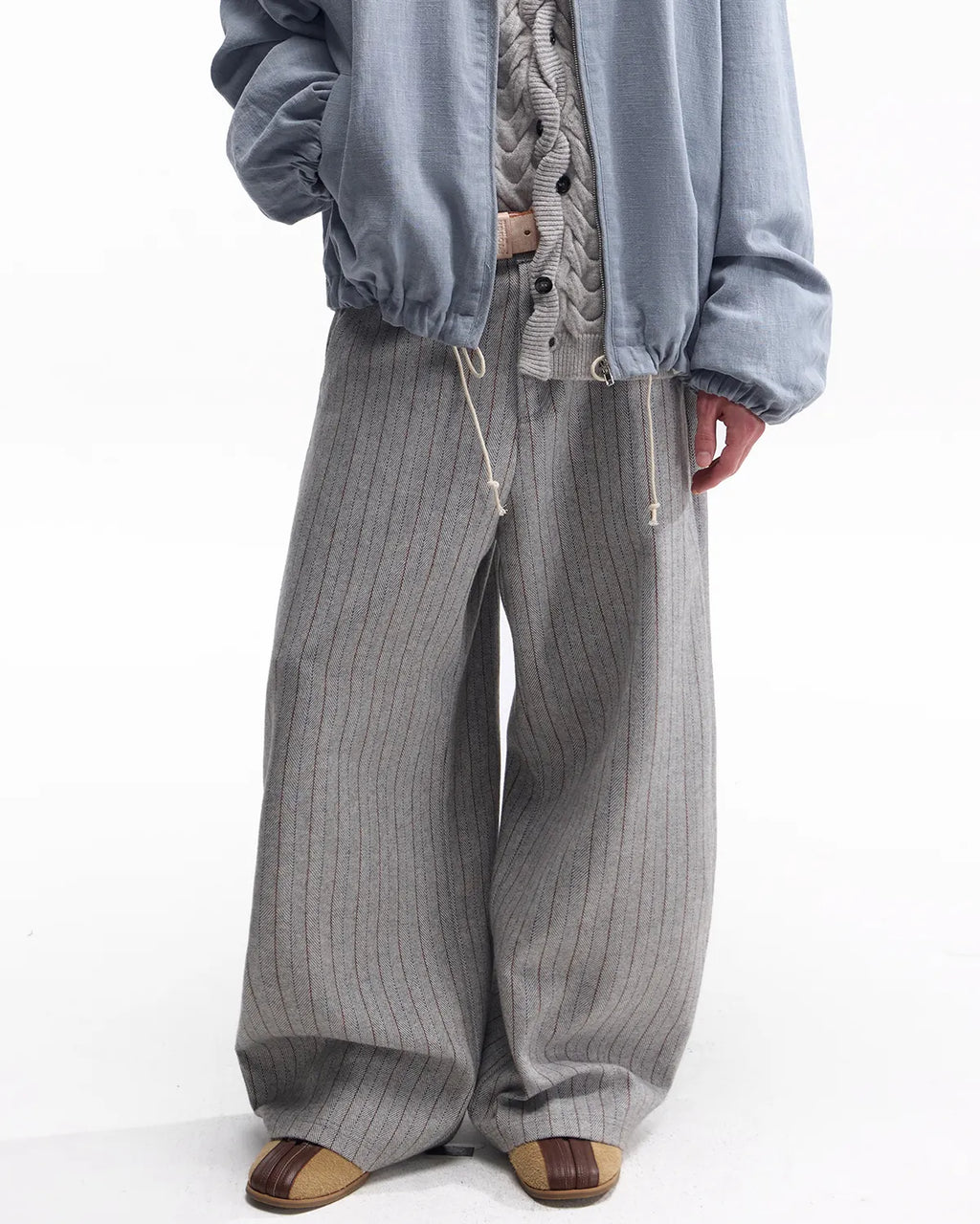 ZHABUXIAO Striped Woolen Satin Lined Curved Wide Trousers Gray