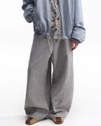 ZHABUXIAO Striped Woolen Satin Lined Curved Wide Trousers Gray
