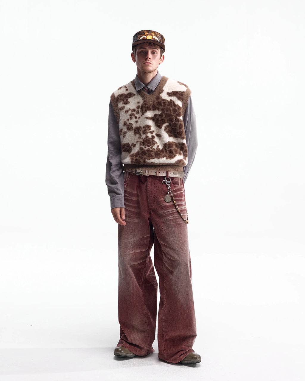 ZHABUXIAO Cow Pattern V Neck Layering Knit Sweater Vest Cow Print