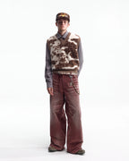 ZHABUXIAO Cow Pattern V Neck Layering Knit Sweater Vest Cow Print