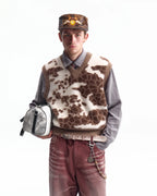 ZHABUXIAO Cow Pattern V Neck Layering Knit Sweater Vest Cow Print