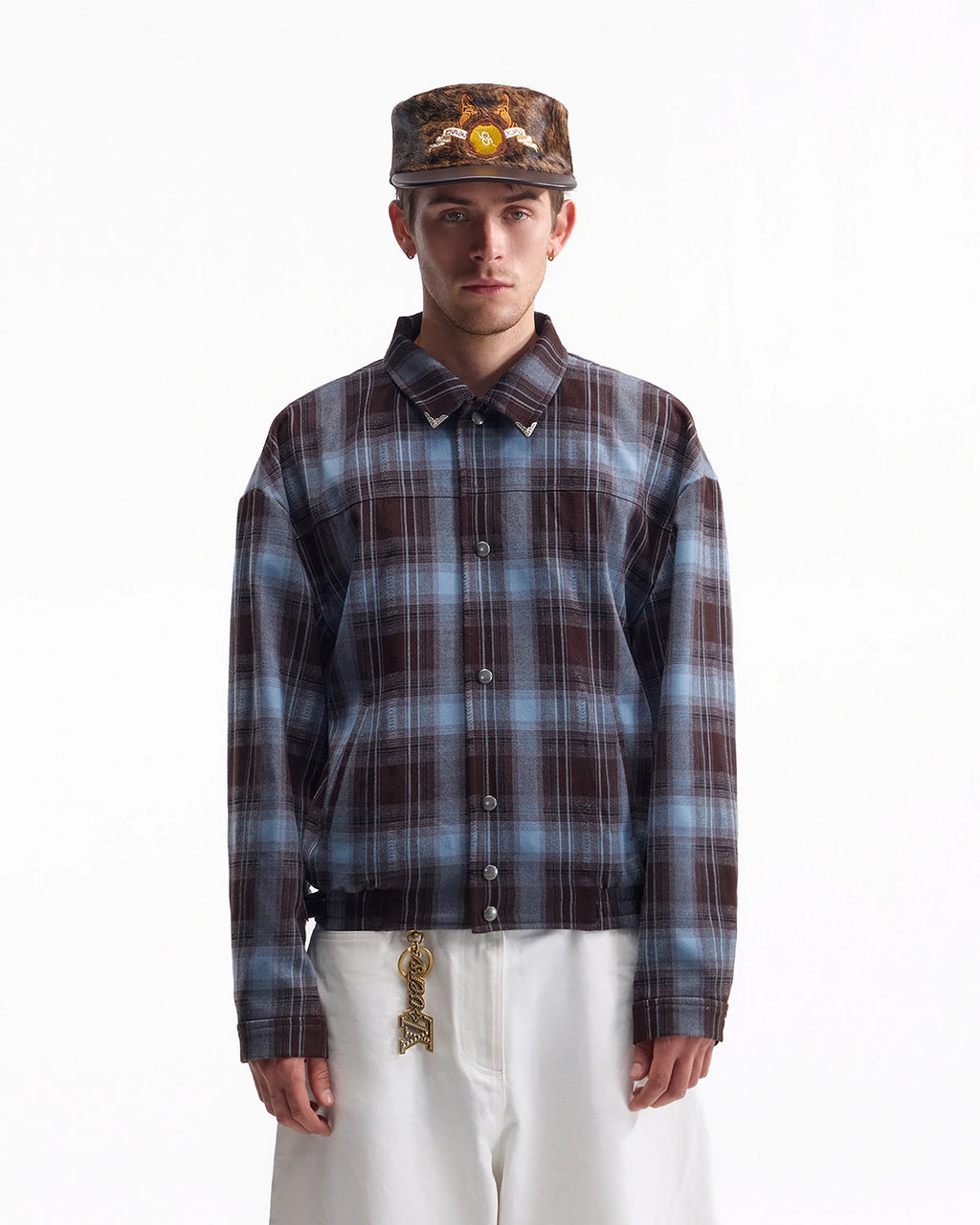 ZHABUXIAO American Retro Brushed Plaid Lapel Shirt Jacket Blue & Brown