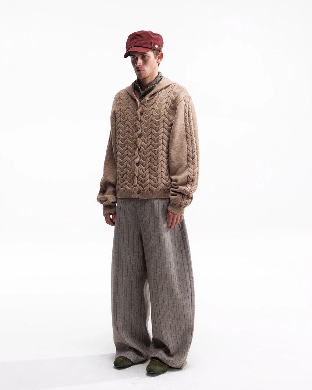 ZHABUXIAO Cable Knit Lambswool Hooded Soft Cardigan Sweater Gray & Khaki