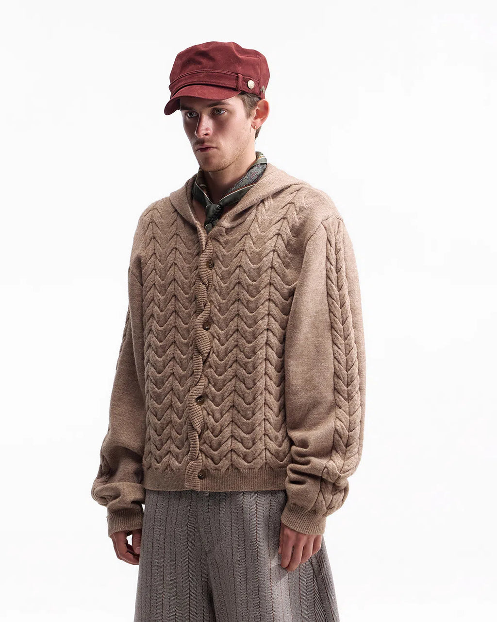 ZHABUXIAO Cable Knit Lambswool Hooded Soft Cardigan Sweater Gray & Khaki
