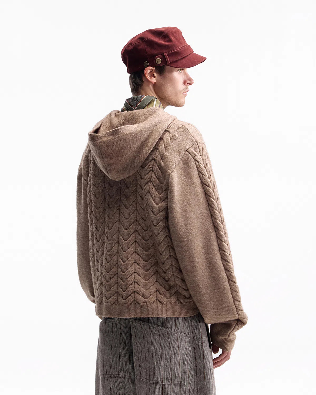 ZHABUXIAO Cable Knit Lambswool Hooded Soft Cardigan Sweater Gray & Khaki