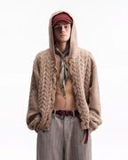 ZHABUXIAO Cable Knit Lambswool Hooded Soft Cardigan Sweater Gray & Khaki