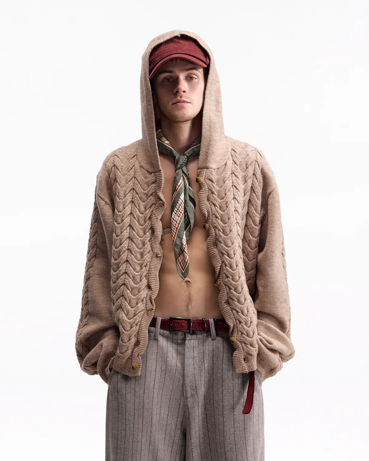 ZHABUXIAO Cable Knit Lambswool Hooded Soft Cardigan Sweater Gray & Khaki