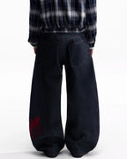 ZHABUXIAO Red Pegasus Embroidered Loose Curved Denim Jeans Blue