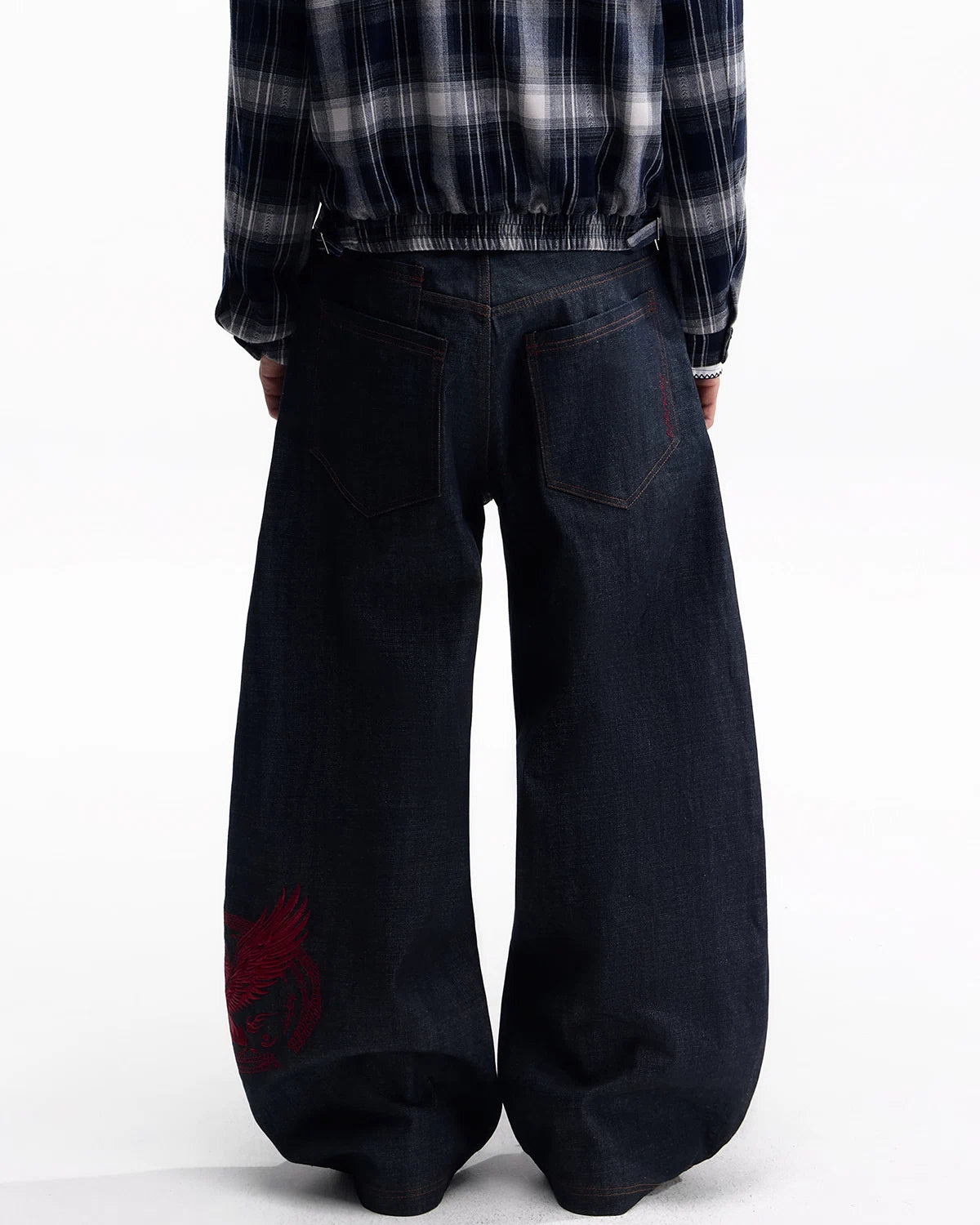 ZHABUXIAO Red Pegasus Embroidered Loose Curved Denim Jeans Blue