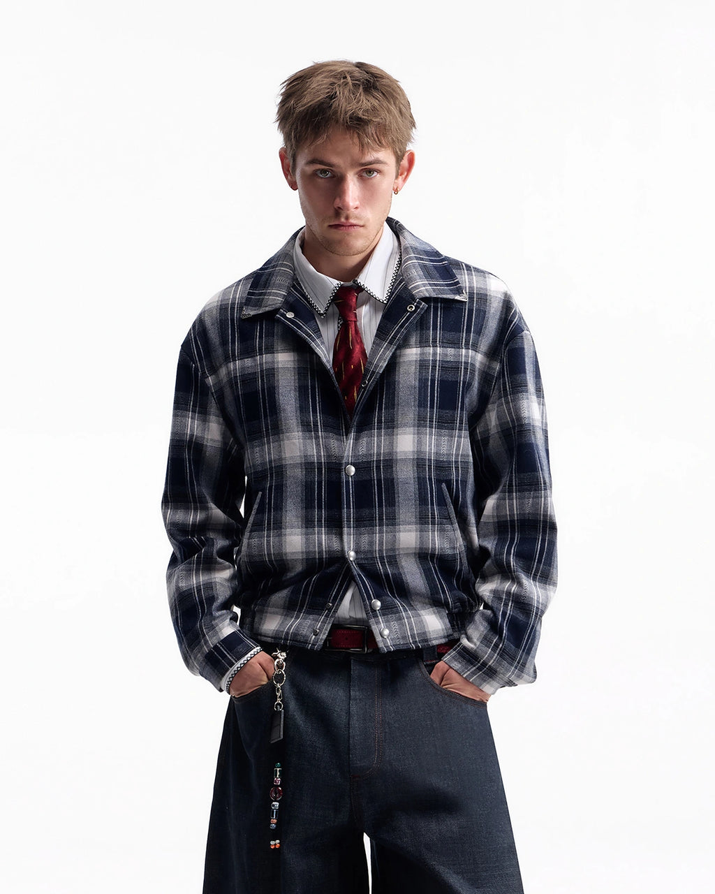 ZHABUXIAO American Retro Brushed Plaid Lapel Shirt Jacket Blue & Brown