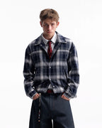 ZHABUXIAO American Retro Brushed Plaid Lapel Shirt Jacket Blue & Brown
