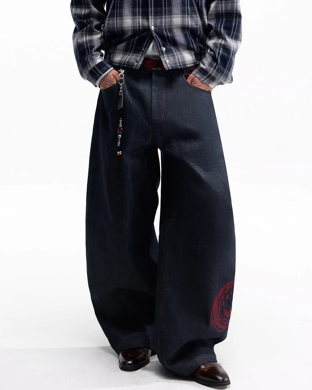 ZHABUXIAO Red Pegasus Embroidered Loose Curved Denim Jeans Blue