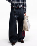 ZHABUXIAO Red Pegasus Embroidered Loose Curved Denim Jeans Blue