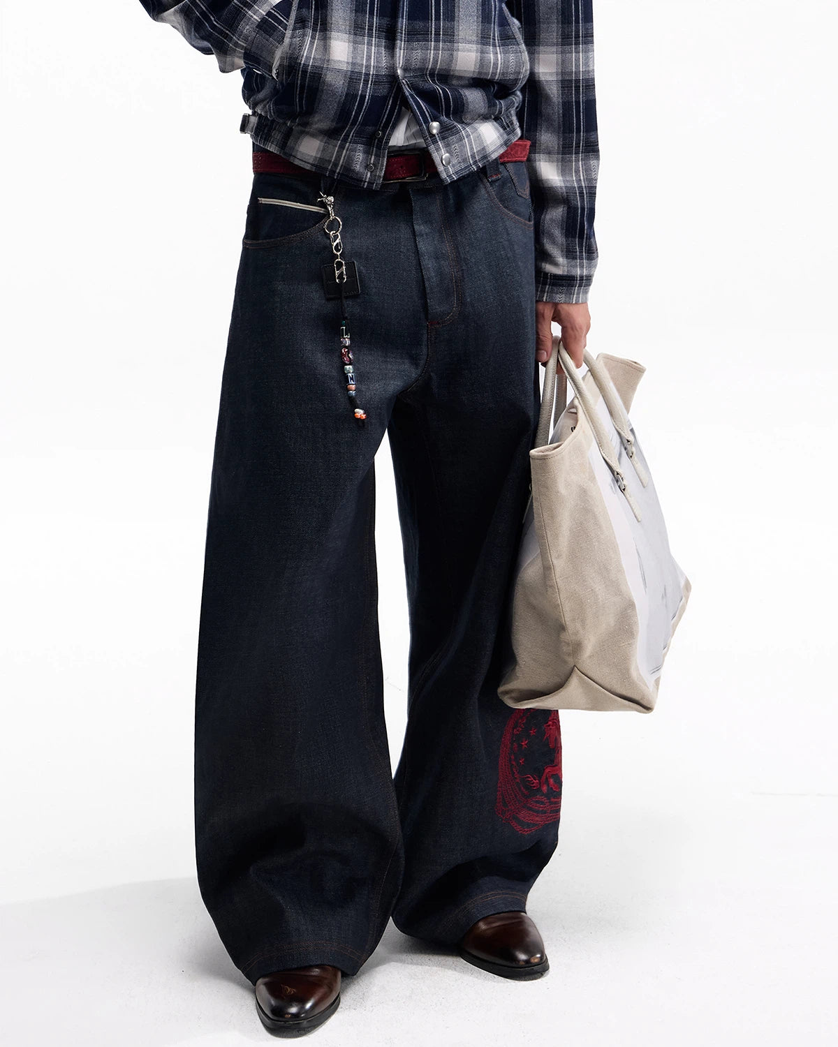 ZHABUXIAO Red Pegasus Embroidered Loose Curved Denim Jeans Blue