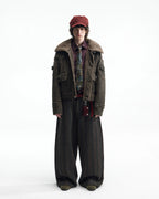 ZHABUXIAO Shearling Collar Metal Button Retro Fleece Jacket Dark Green