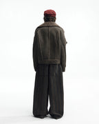ZHABUXIAO Shearling Collar Metal Button Retro Fleece Jacket Dark Green
