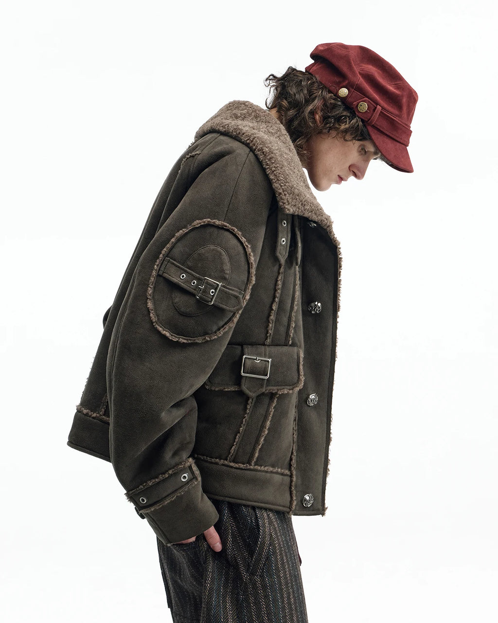 ZHABUXIAO Shearling Collar Metal Button Retro Fleece Jacket Dark Green