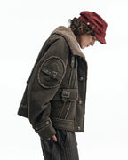 ZHABUXIAO Shearling Collar Metal Button Retro Fleece Jacket Dark Green