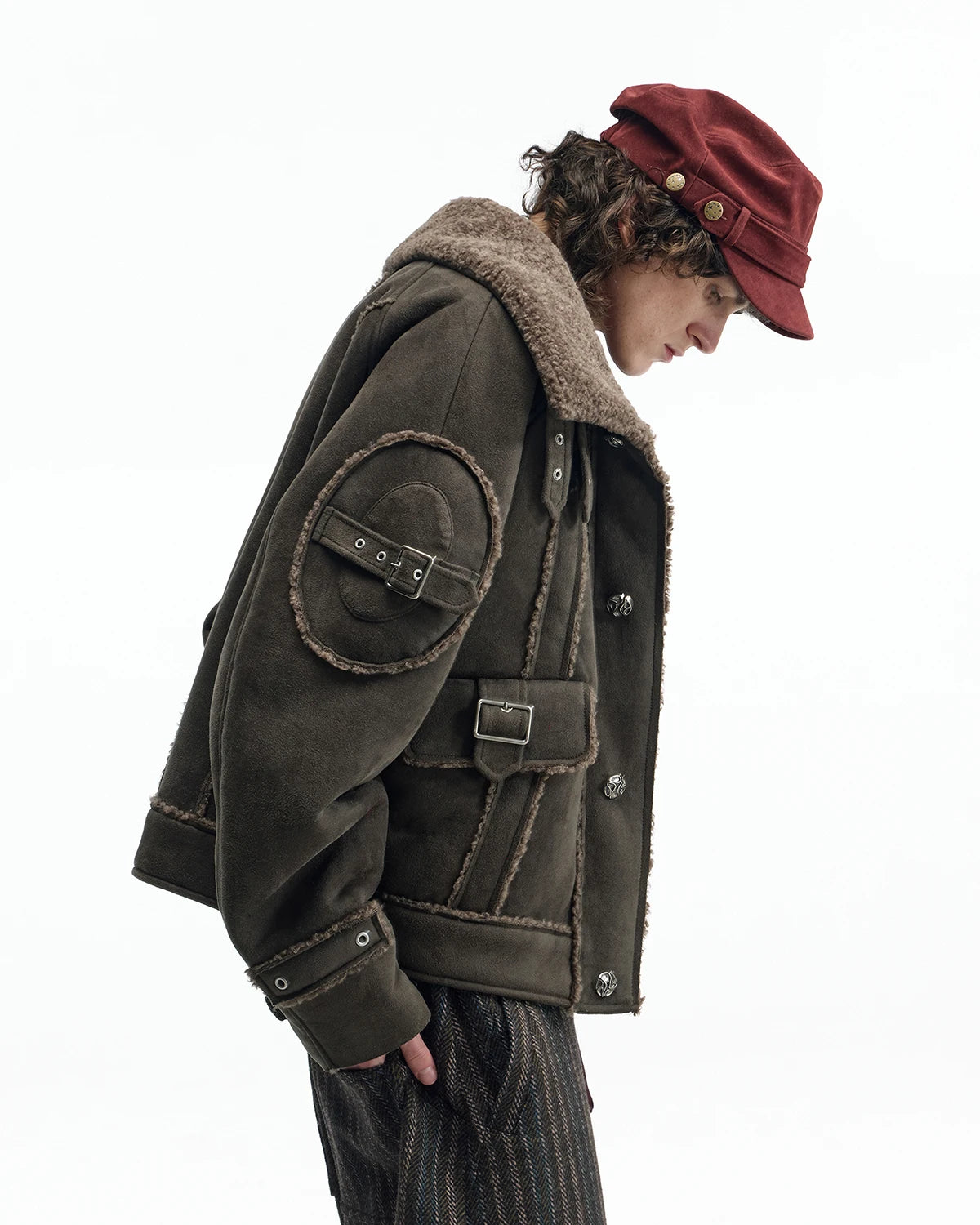 ZHABUXIAO Shearling Collar Metal Button Retro Fleece Jacket Dark Green