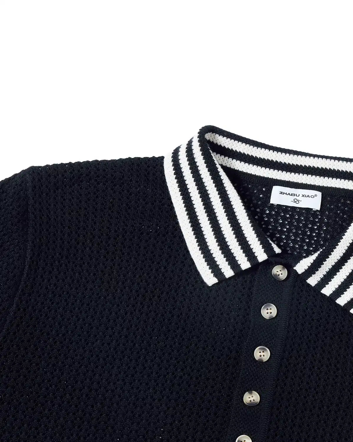 ZHABUXIAO Lightweight Wool Blend Mesh Striped Casual Polo Black & White