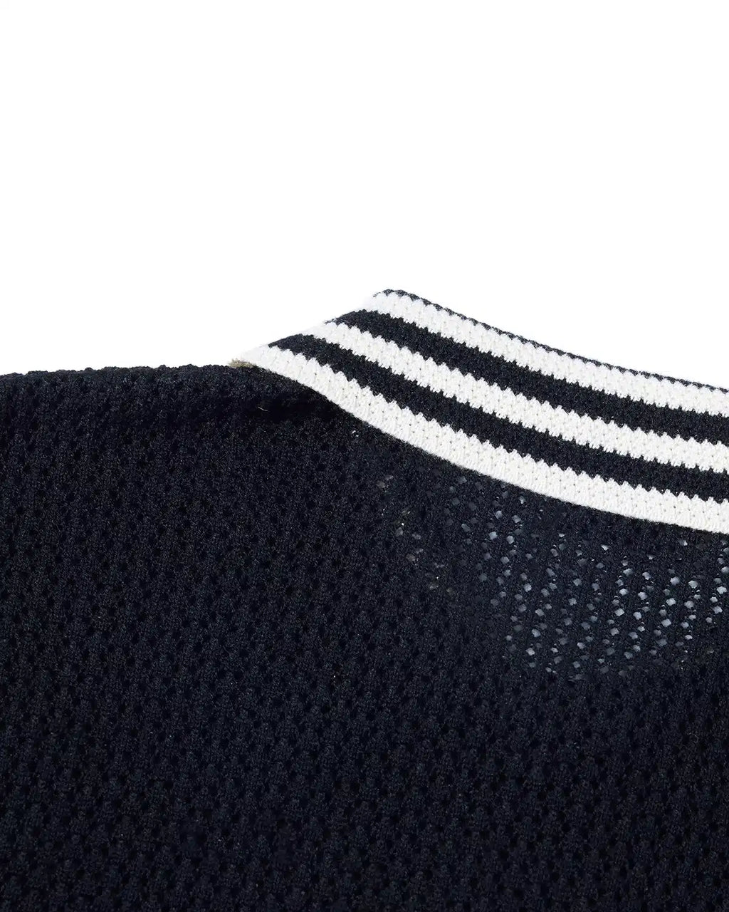 ZHABUXIAO Lightweight Wool Blend Mesh Striped Casual Polo Black & White