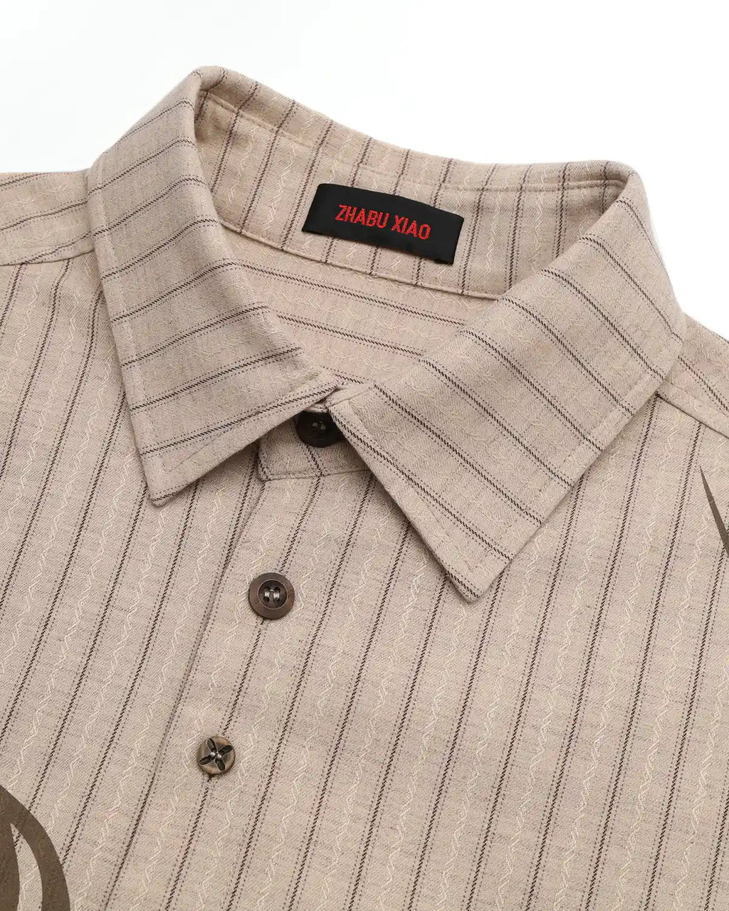 ZHABUXIAO Wave Print Striped Wool Wood Button Long Sleeve Shirt Brown