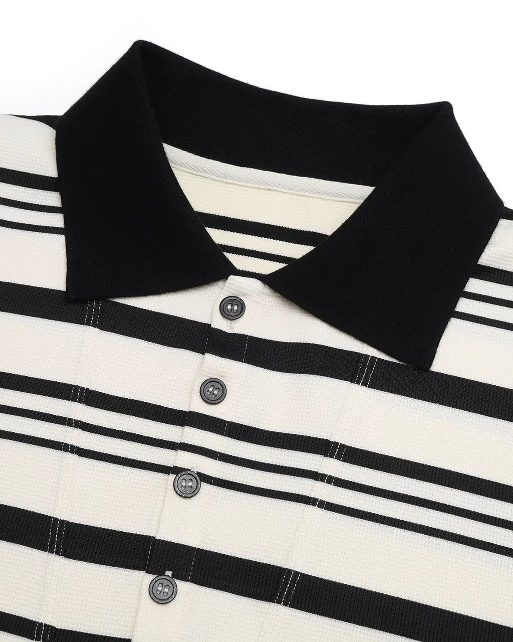 ZHABUXIAO Striped Waffle Knit Shell Button Polo Short Shirt White