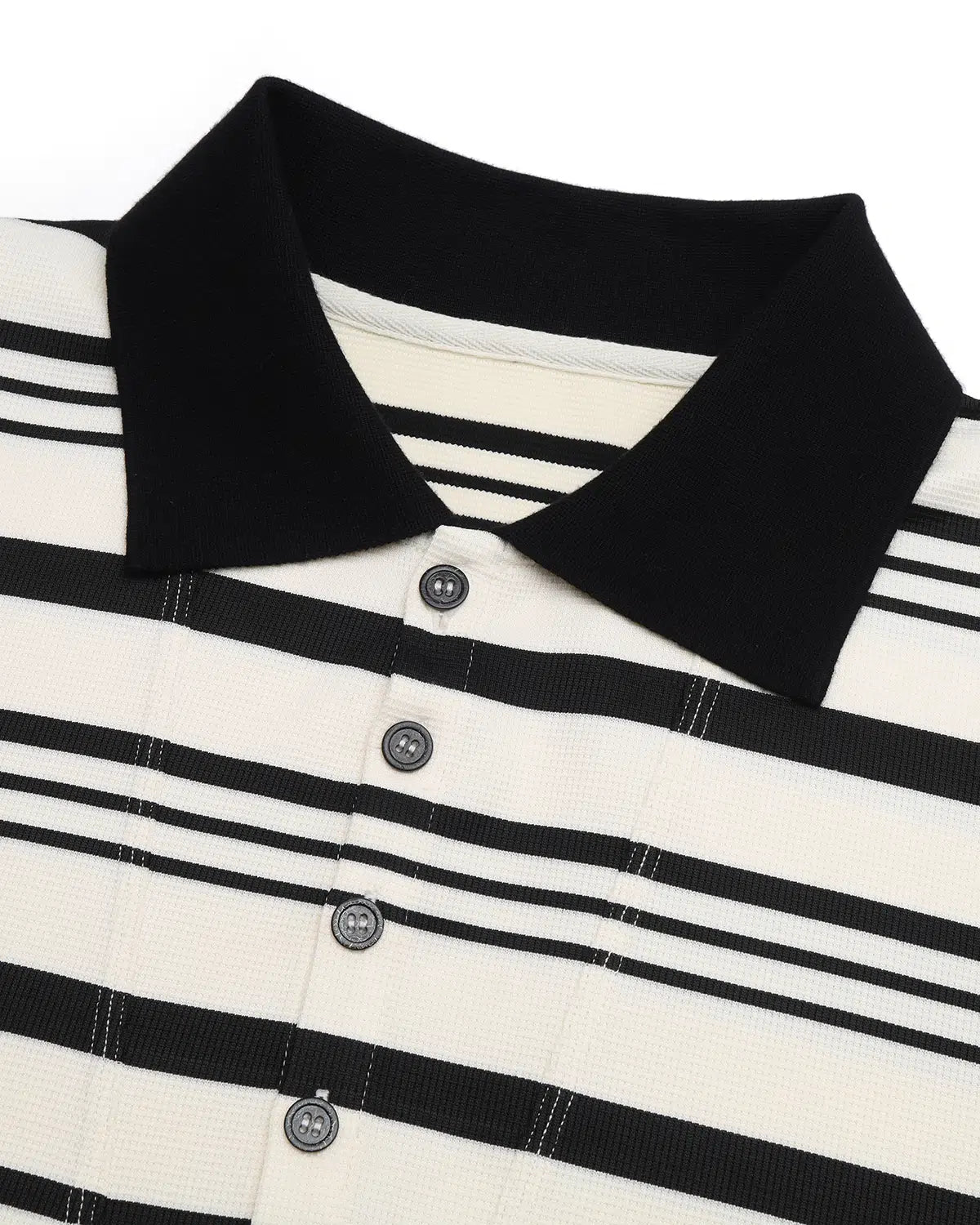 ZHABUXIAO Striped Waffle Knit Shell Button Polo Short Shirt White
