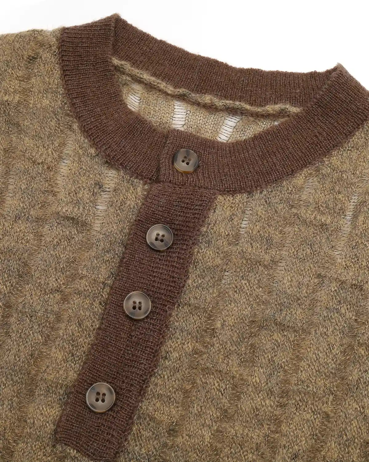ZHABUXIAO Alpaca Mohair Henley Breathable Knit T-Shirt Brown