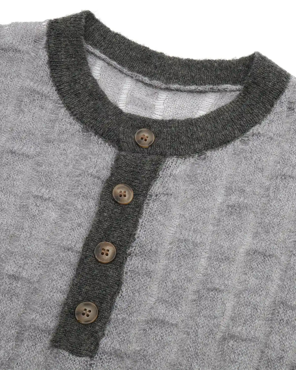 ZHABUXIAO Alpaca Mohair Henley Knit Short Sleeve Polo Shirt Gray