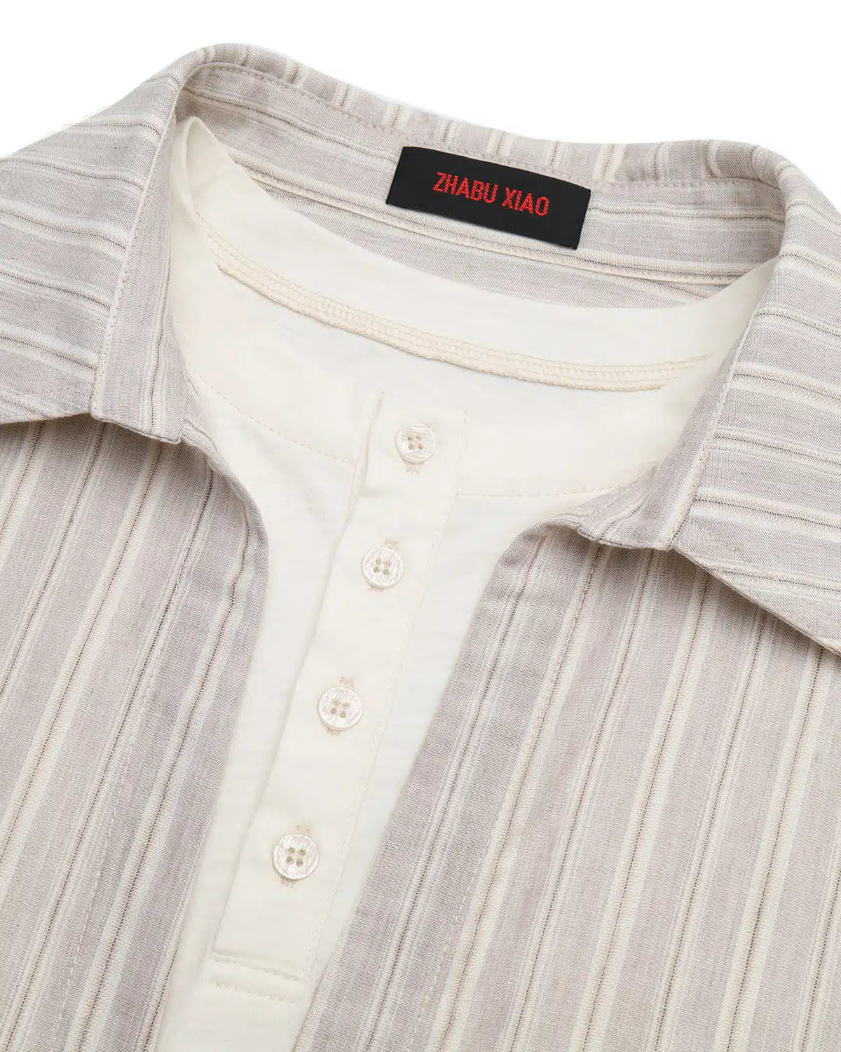 ZHABUXIAO 2-in-1 Striped Lyocell Linen Henley Short Sleeve Shirt Apricot