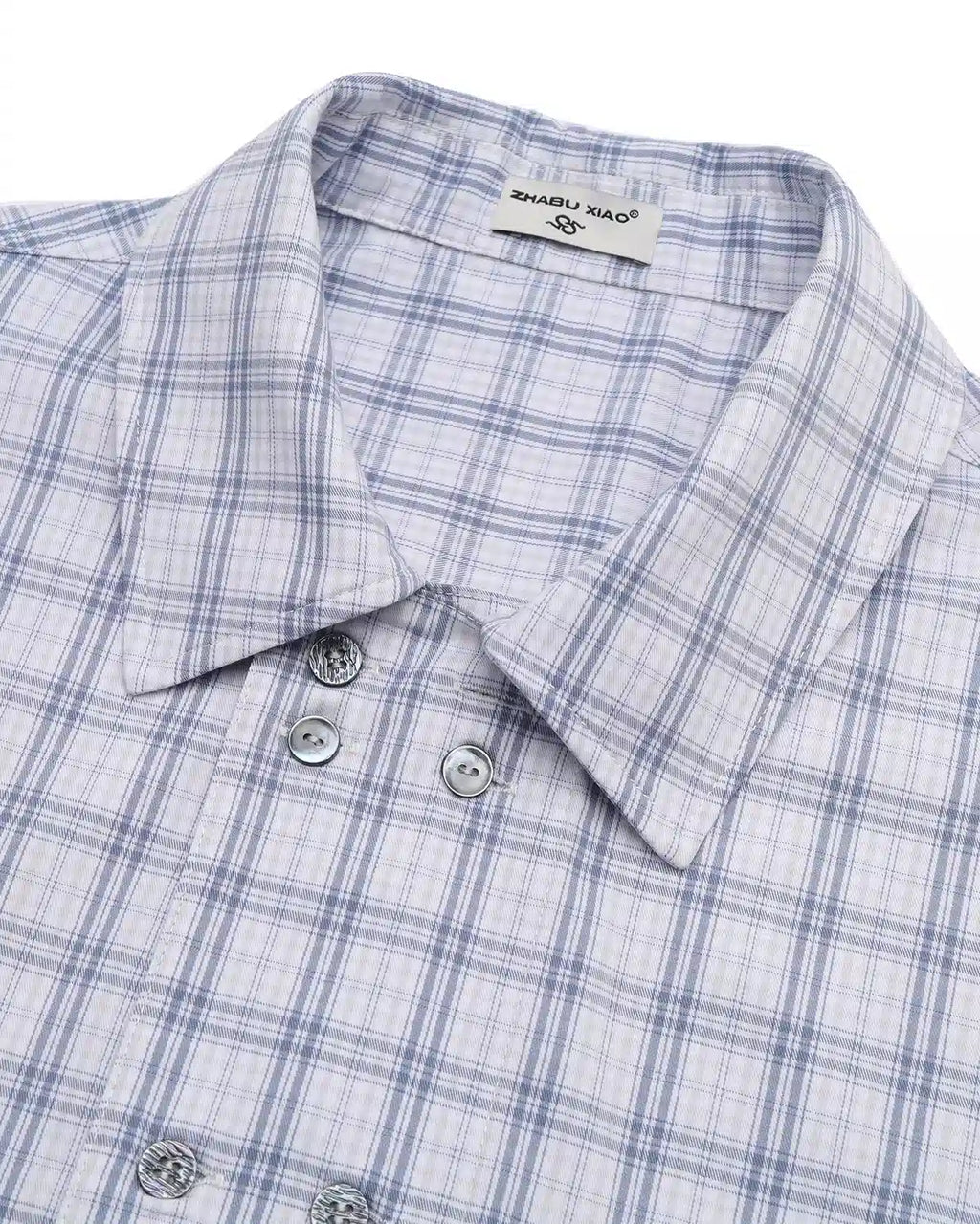 ZHABUXIAO Double Breasted Loose Plaid Curved Hem Shirt Blue