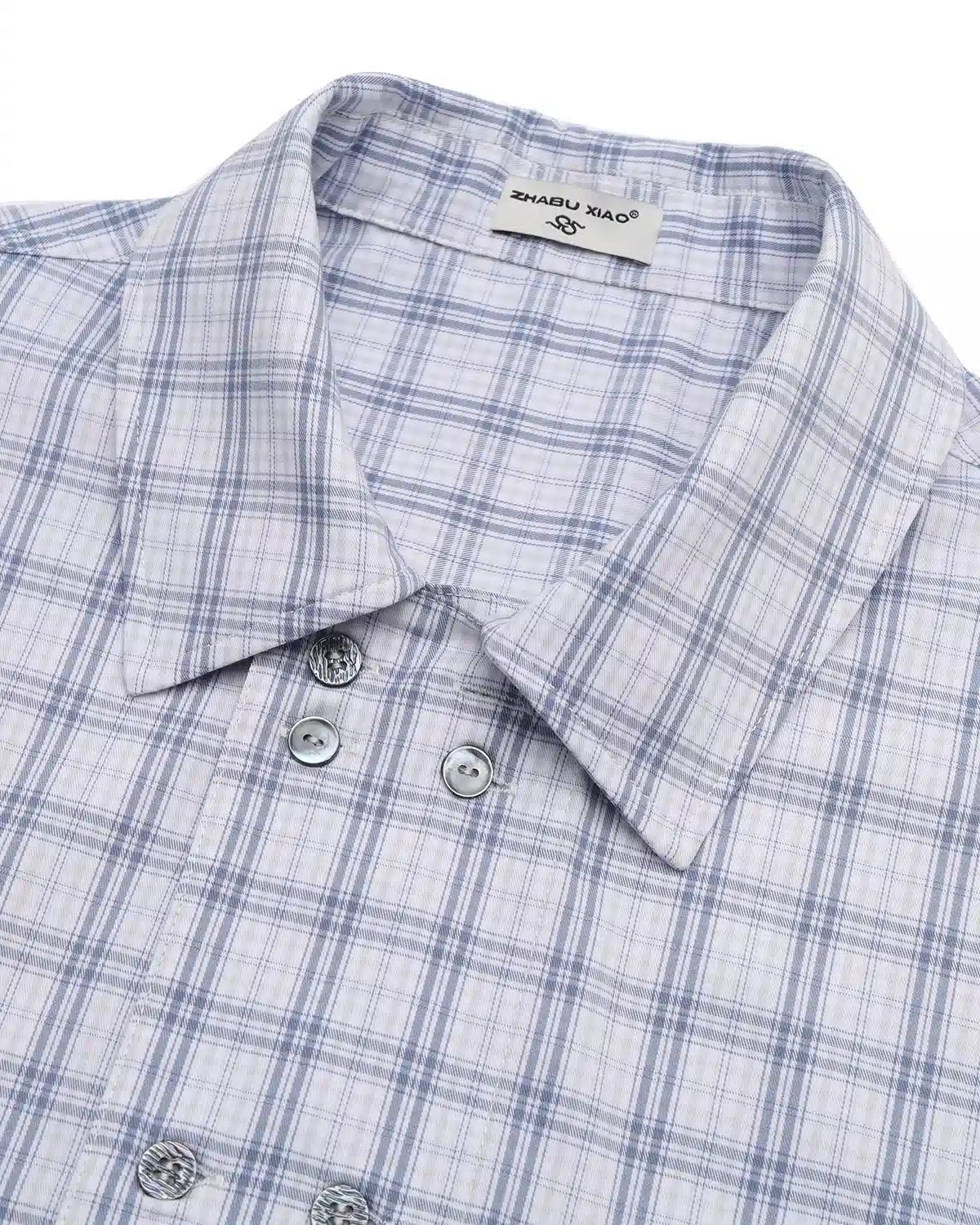ZHABUXIAO Double Breasted Loose Plaid Curved Hem Shirt Blue