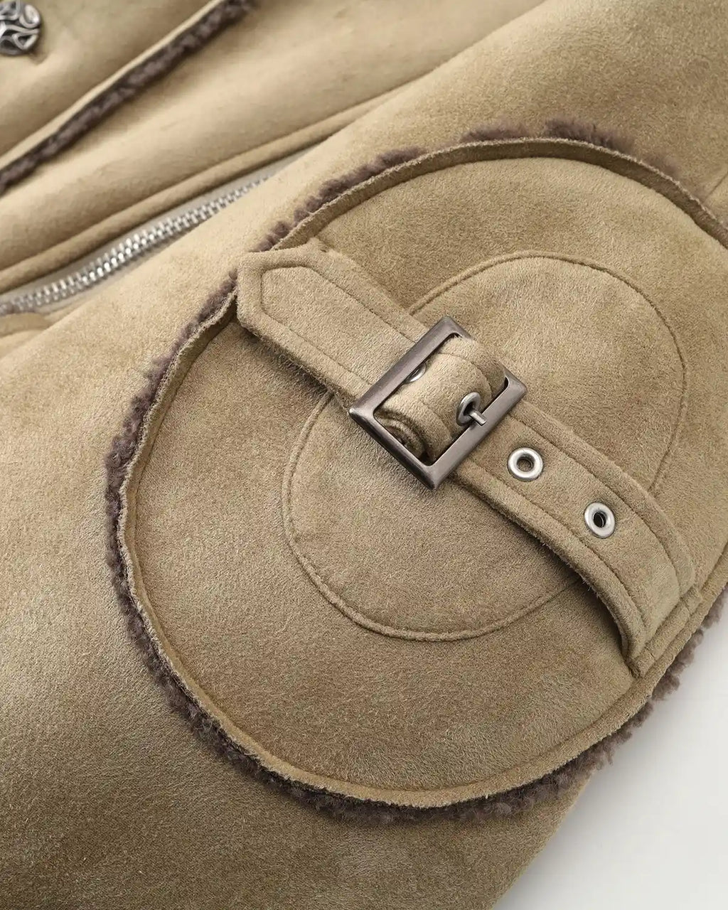 ZHABUXIAO Shearling Collar Metal Button Retro Fleece Jacket Khaki